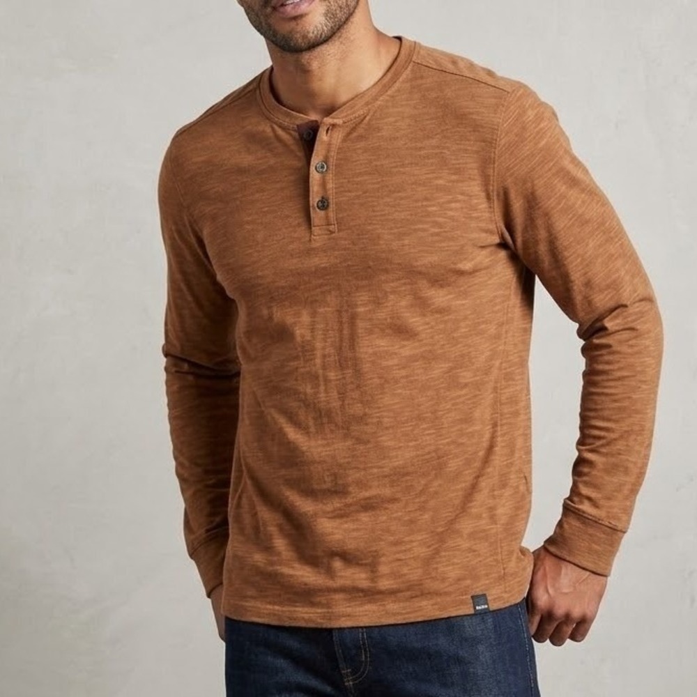 prAna Henley Shirt Men's Medium M Brown Space Dye Long Sleeve Organic Cotton